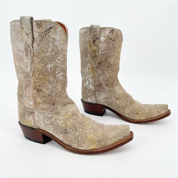 Lucchese Shoes - Lucchese Beige Metallic Python Print Embroidered Western Cowgirl Boot size 9